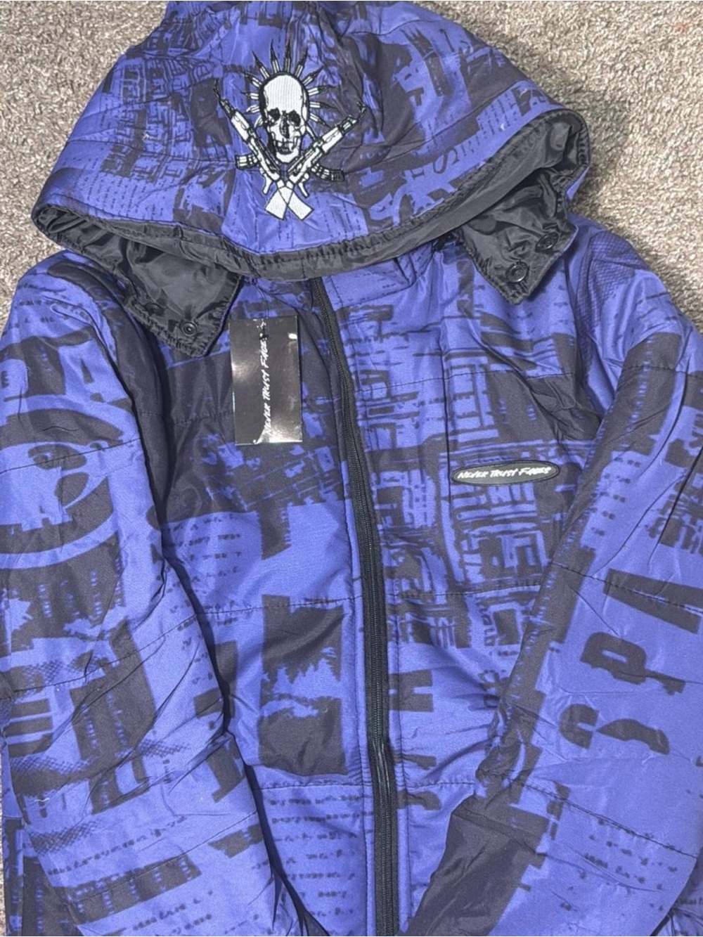 Blue Graphic Ski Puffer Jacket with Hood